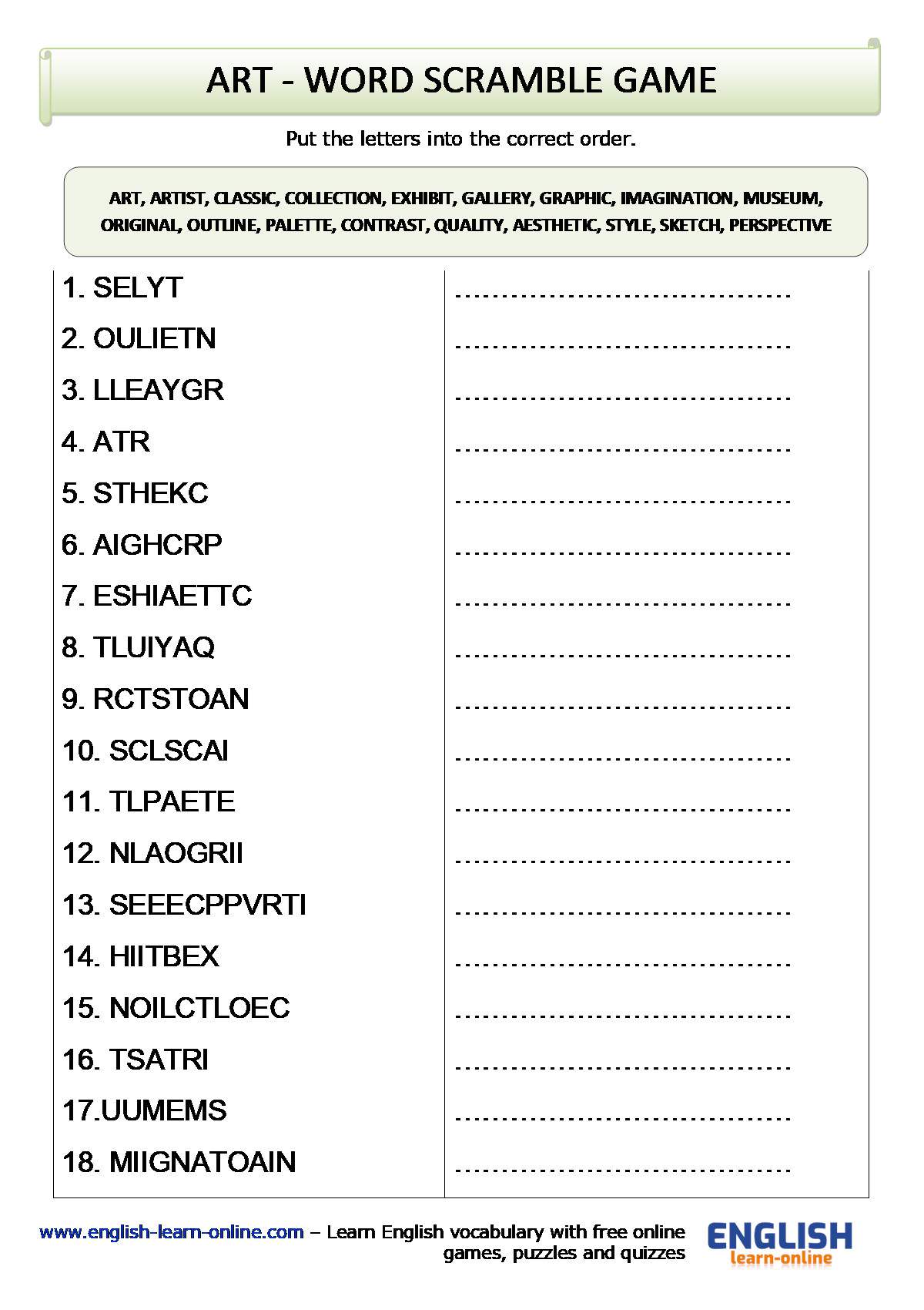 Art Vocabulary in English - With Games Memory Cards and Puzzles Online For Vocabulary Words Worksheet Template